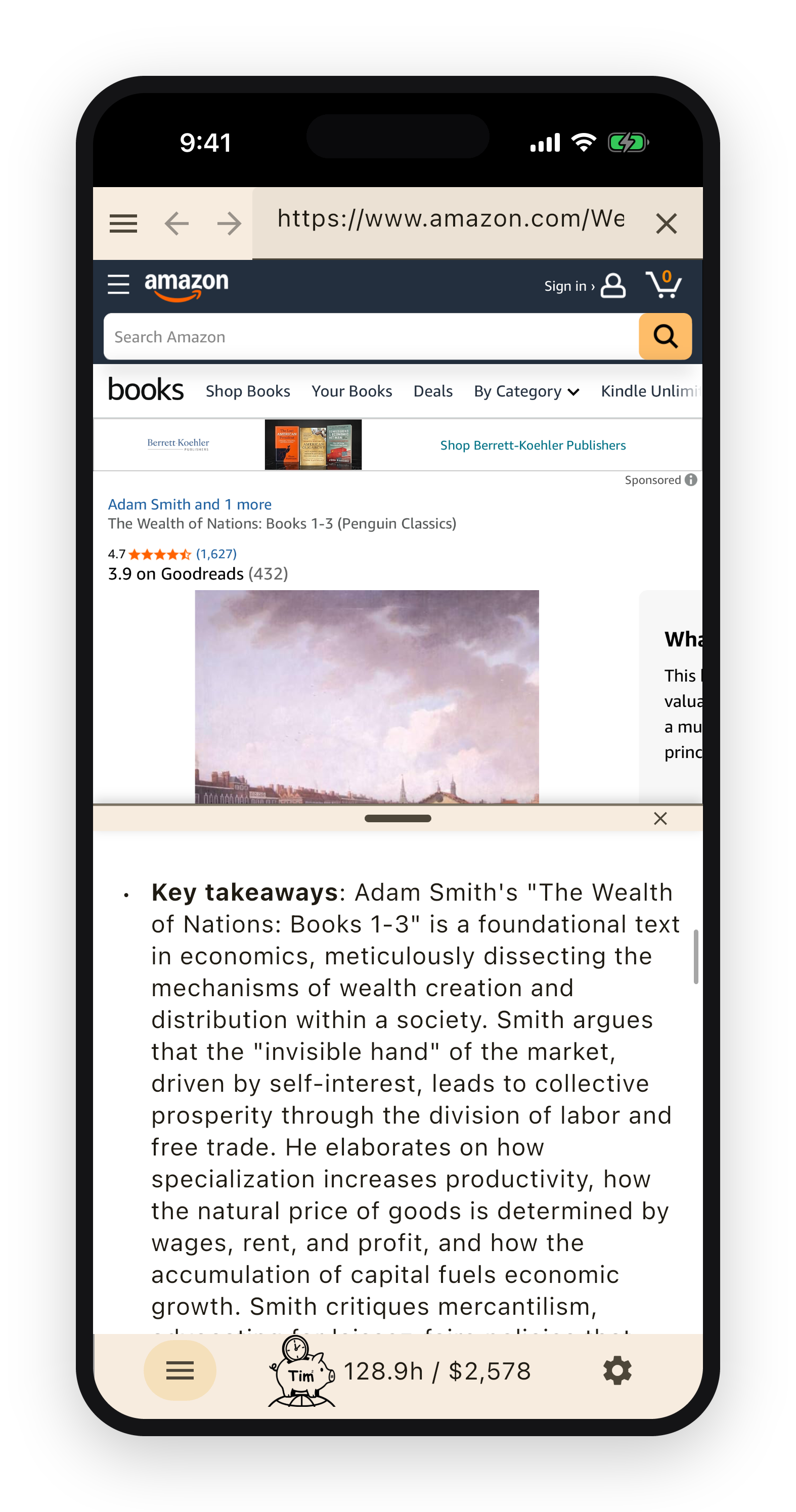 An Amazon book page summarized into its key takeaways inside TimTim Browser.