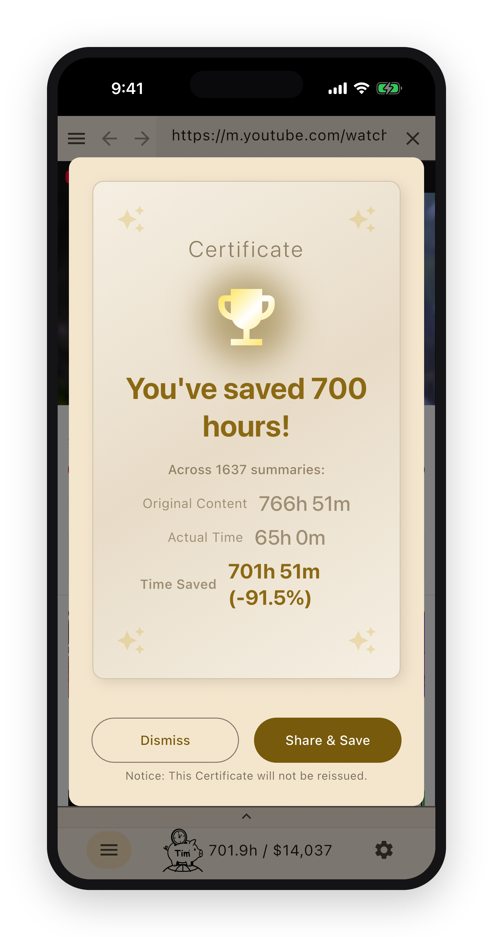 A TimTim Browser certificate marking hundreds of hours saved across many summaries.