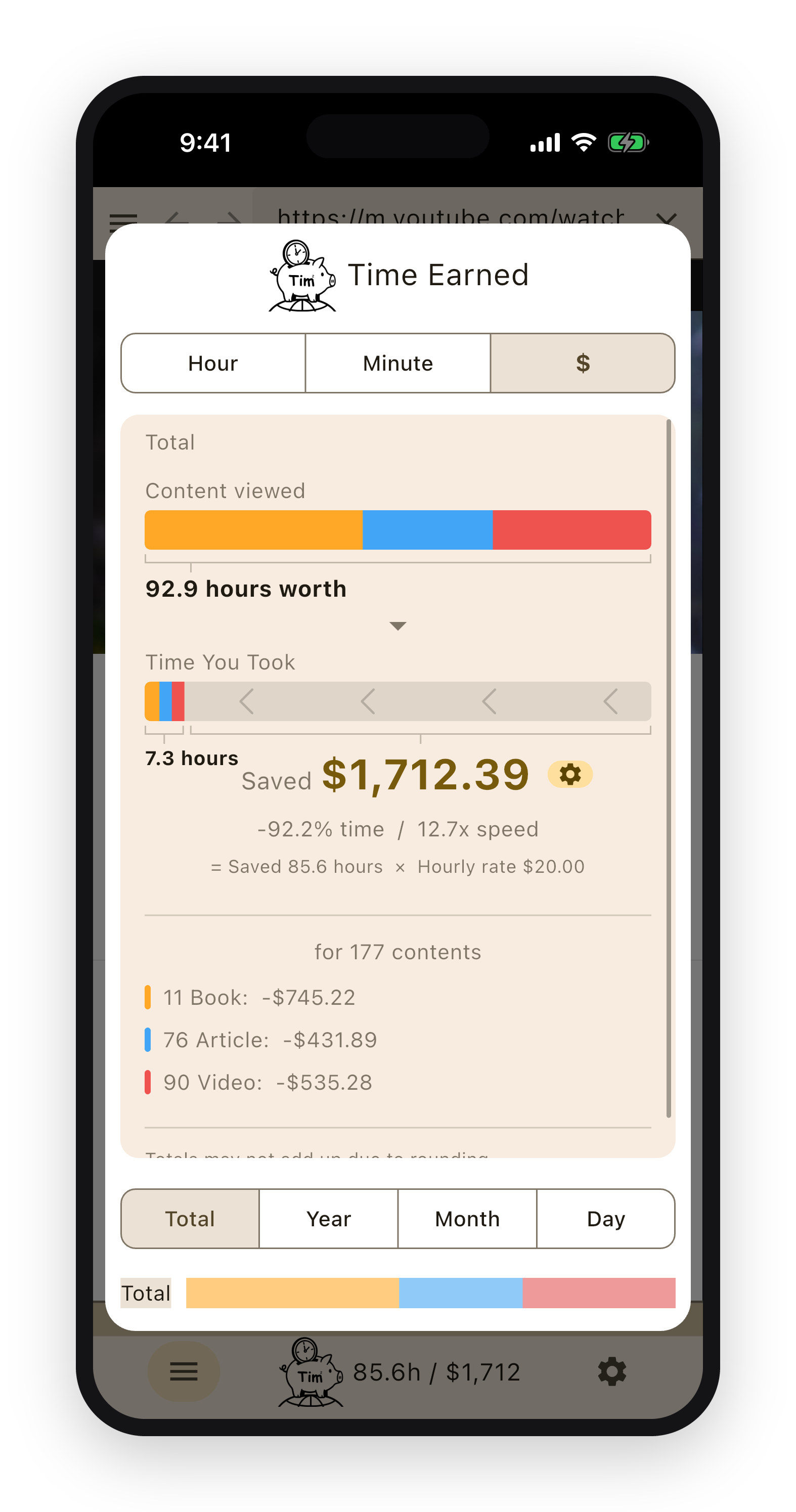 The Time Earned screen converting saved hours into money using an hourly rate, with a per-category breakdown.