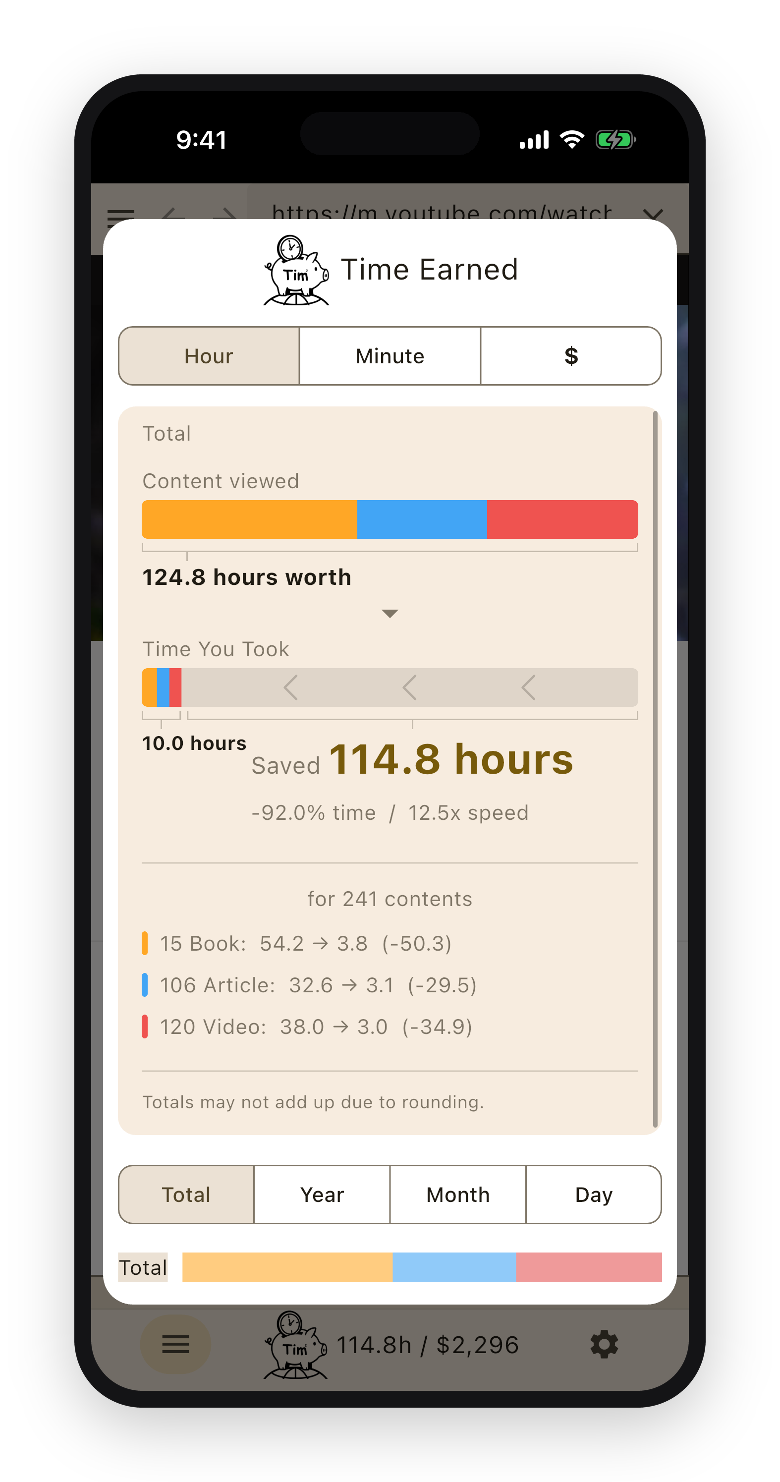 The Time Earned screen comparing hours of content viewed against the time actually spent, showing the hours saved and the speed-up.