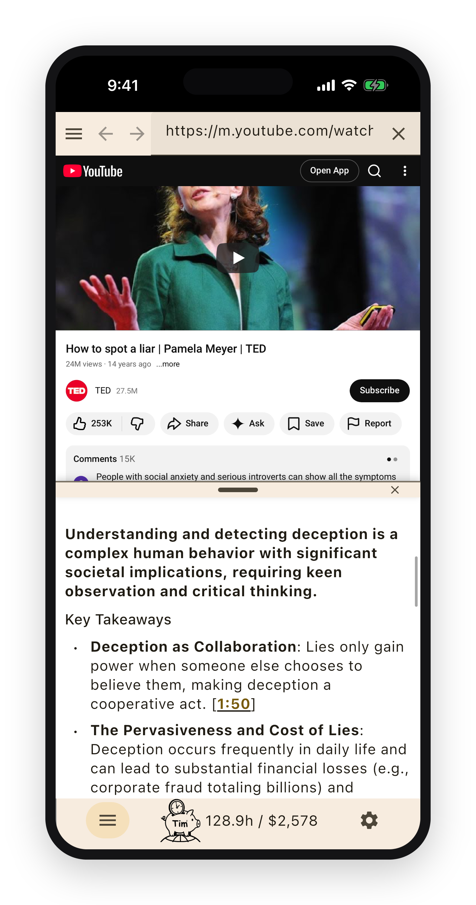 A YouTube talk summarized into key takeaways with a tappable timestamp linking back to the video.