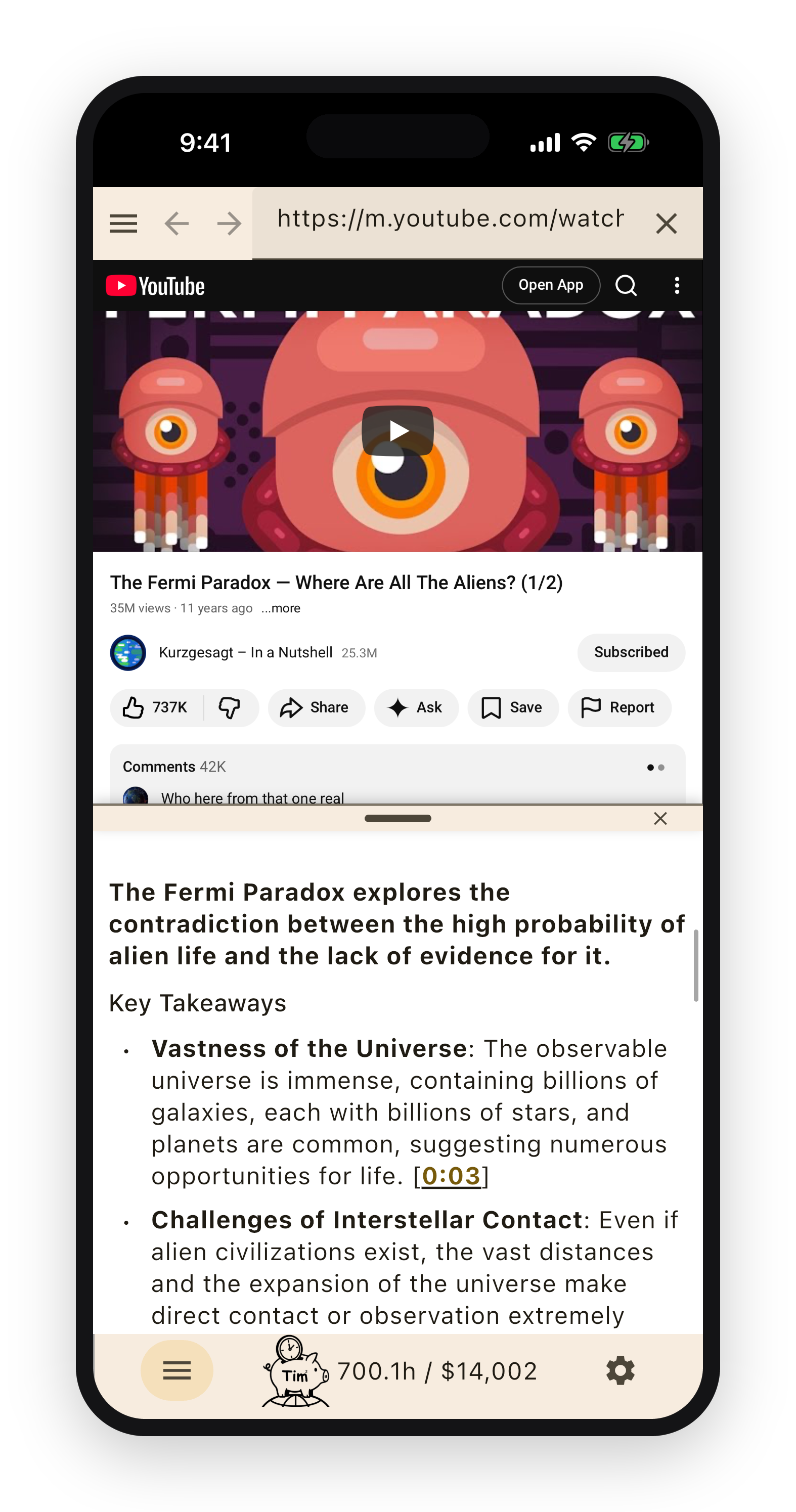 TimTim Browser open on a YouTube video, with the AI summary of the video shown in the panel below it.